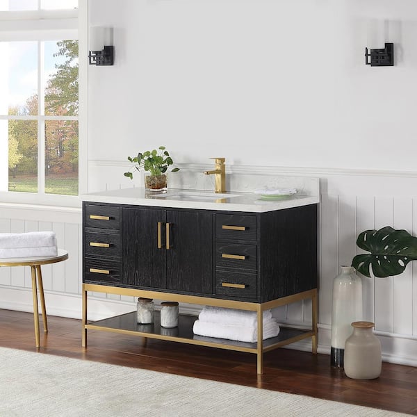 Wildy 48 in. W x 22 in. D x 34 in. H Bath Vanity in Black Oak with Grain White Composite Stone Top