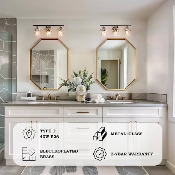 20 in. Modern 3-Light Black Wall Sconce Brass Gold Transitional Bath Lighting Water Glass Shade Bathroom Vanity Light