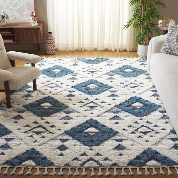 Moroccan Tassel Shag Blue/Ivory 8 ft. x 8 ft. High-Low Geometric Fringe Square Area Rug