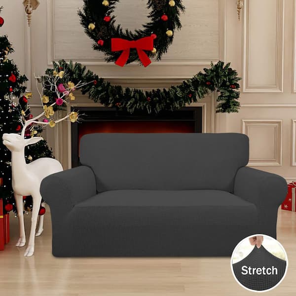 Gray Medium Loveseat Polyester Stretch Sofa Slipcover with Elastic Bottom for Kids, Jacquard Fabric Small Checks