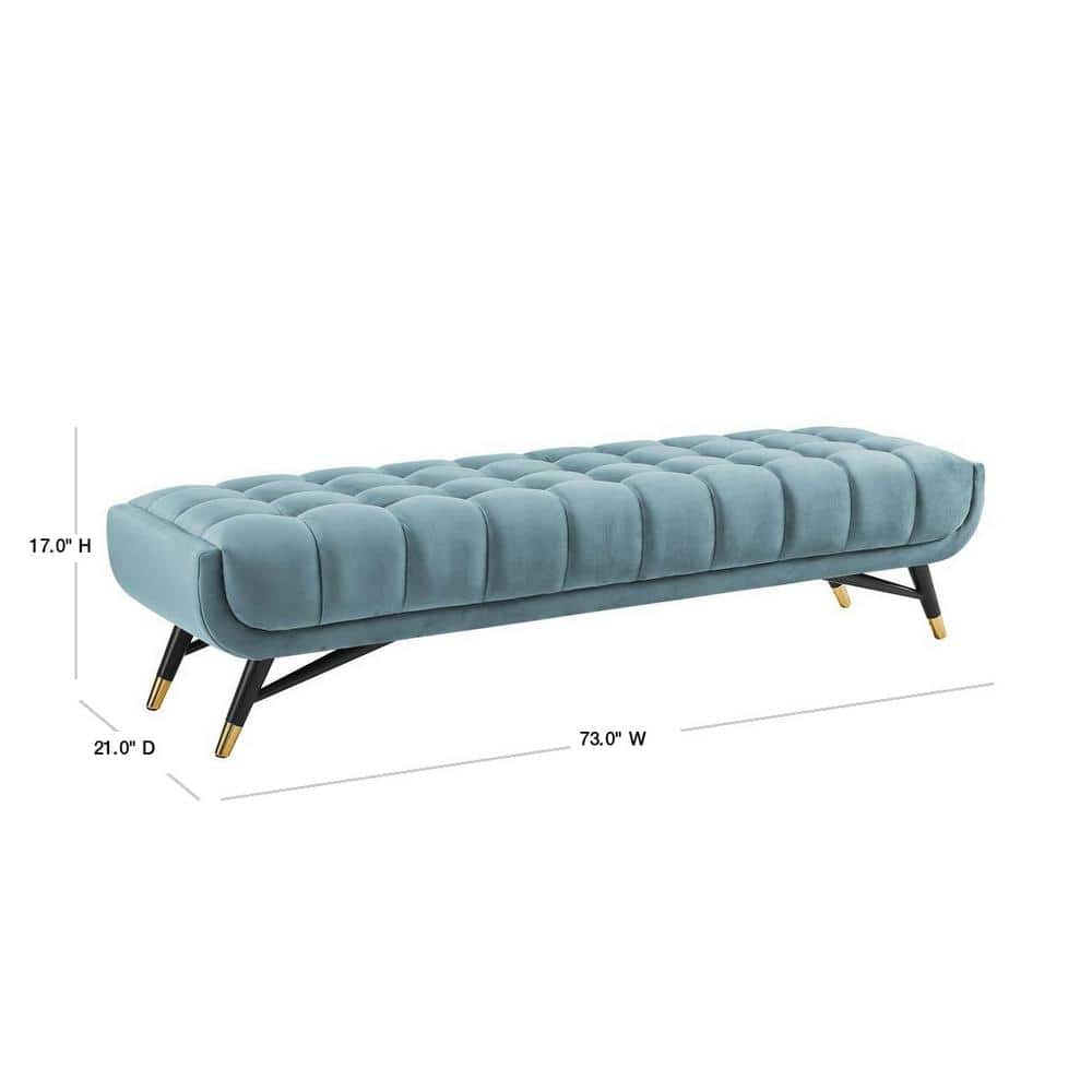 Sea Blue Tufted Velvet Bench with Gold Accents