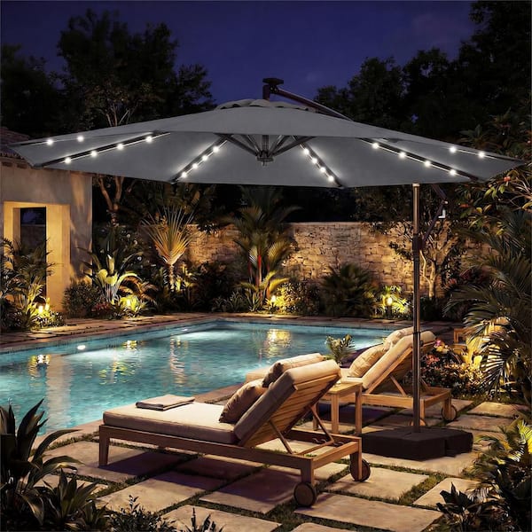 10 hanging umbrella patio sun shade offset 10 Feet Solar Offset Hanging Umbrella with Base and 32 LED Lights-Gray