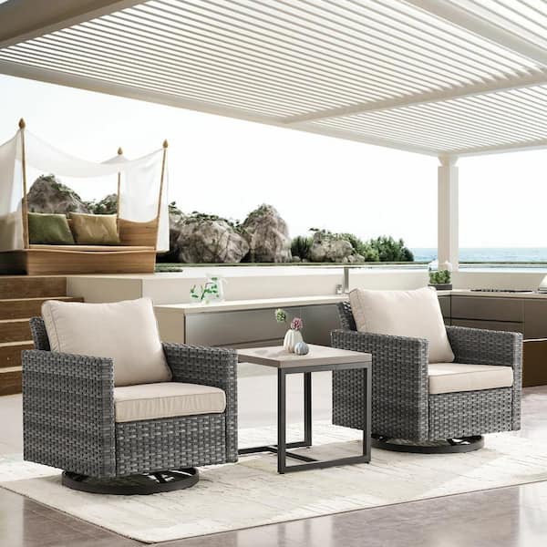 Gymojoy Valenta 3-Pcs Wicker Patio Conversation Set with Beige Cushions