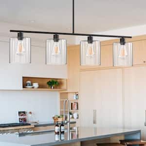 4-Light Matte Black Modern Island Pendant Light Fixtures, Linear Chandelier Hanging Light with Clear Glass Shade