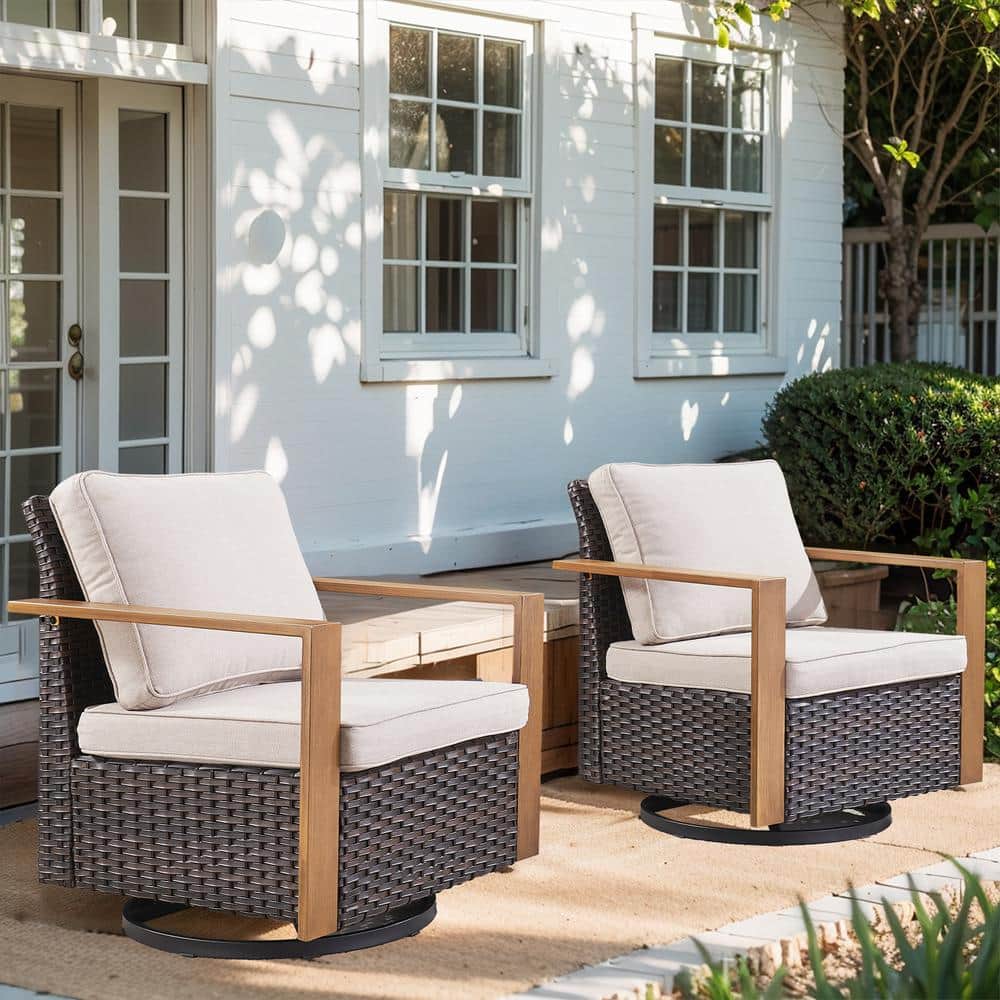 Pocassy Rectangular Framed Armrest Swivel Brown Wicker Outdoor Rocking Chair with CushionGuard Beige Cushions Patio (Set 2-Pack)