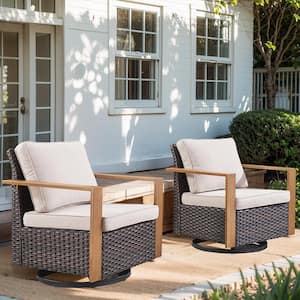 Rectangular Framed Armrest Swivel Brown Wicker Outdoor Rocking Chair with CushionGuard Beige Cushions Patio (Set 2-Pack)