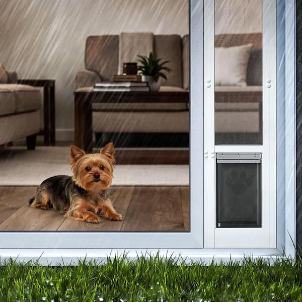 Dog Door for Sliding Glass Door, Adjustable Height, Aluminum Alloy Frame with Flap and Rotating Hinge, Lock Design