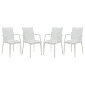 White Mace Modern Stackable Plastic Weave Design Indoor Outdoor Dining Chair with Arms (Set of 4)