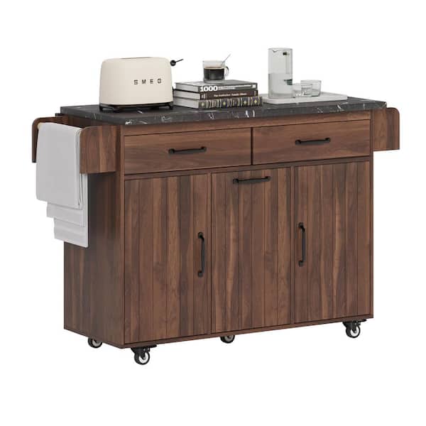 Polibi Walnut/Brown Wood 51.06 in. Kitchen Island with Trash Can Storage Cabinet, Drop Leaf, Spice Rack, Towel Rack and Drawer