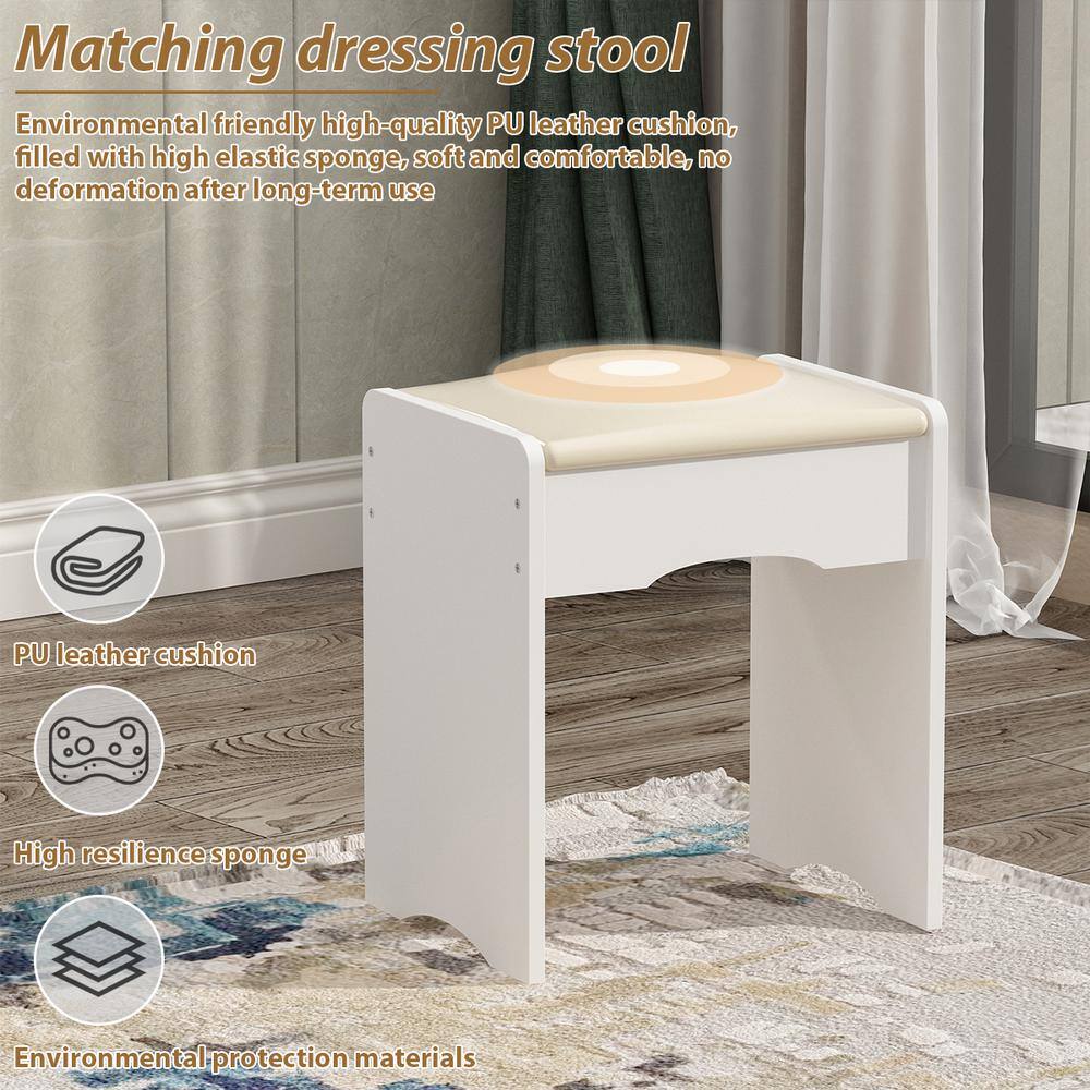 39.4 in. W White LED Dimmable Mirror Dresser Dressing Table with 5-Drawers, Stool and Storage Shelves - thumbnail 10