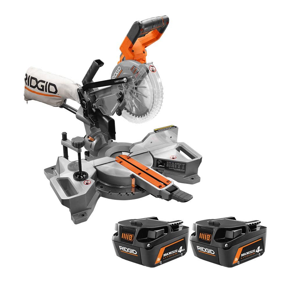 RIDGID 18V Brushless Cordless 7-1/4 in. Sliding Miter Saw and MAX Output  4.0 Ah Battery (2-Pack) R48607B-AC840040P The Home Depot