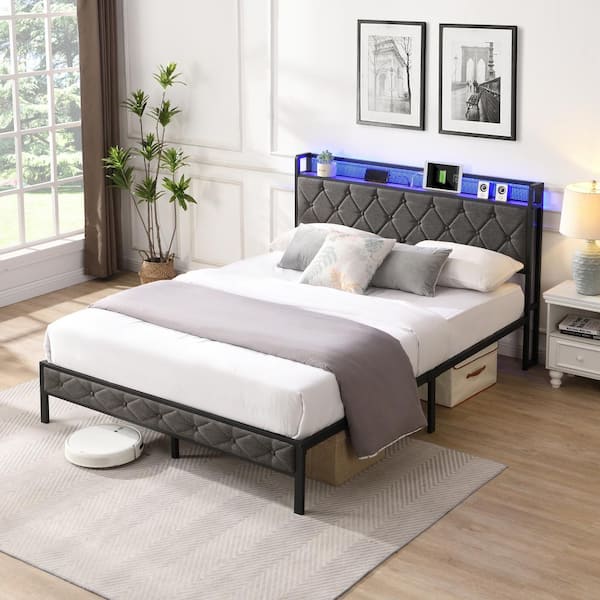 Dark Gray Metal Frame Queen Size Platform Bed with Storage Headboard, Charging Station and LED Lights