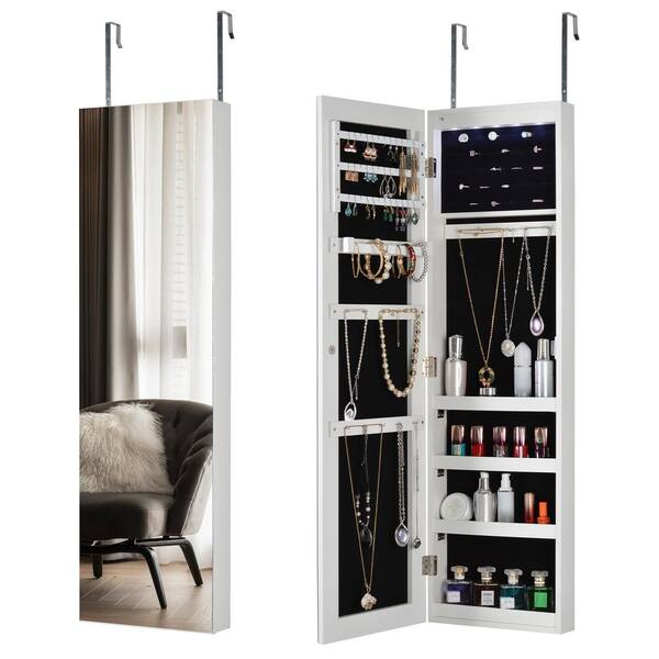 Unbranded White MDF Full Mirror Fashion Simple Jewelry Storage Cabinet With Led Light Can Be Hung On The Door Or Wall