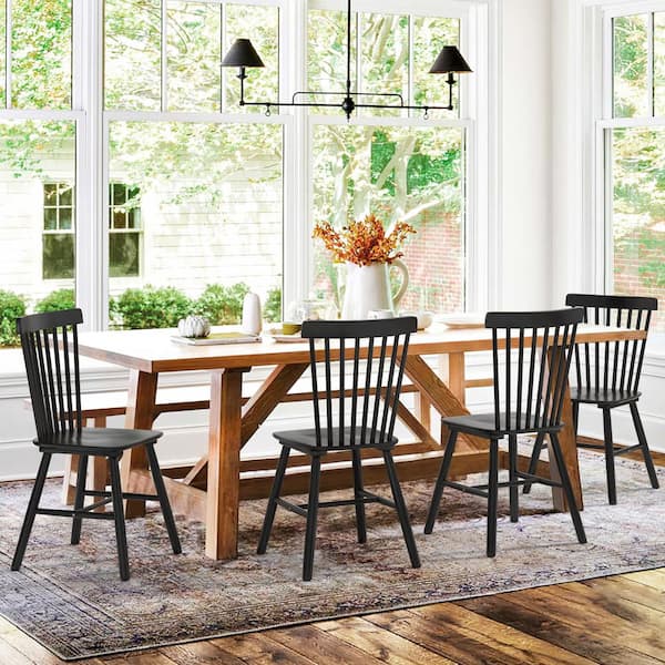 LUE BONA 18 in. Black Classic Windsor Dining Chair, Solid Wood High Spindle Back Kitchen Chair (Set of 4)