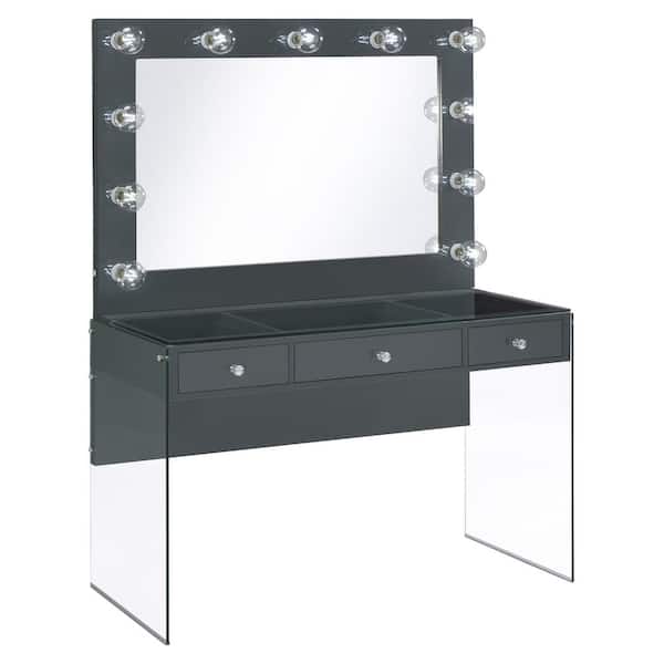 Coaster Afshan 2-Piece Grey High Gloss 3-Drawers Makeup Vanity Desk with Lighting Mirror
