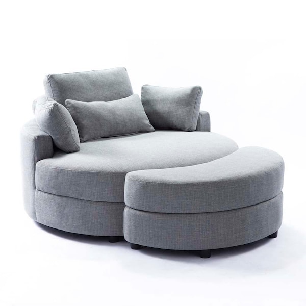 wetiny Light Grey Fabric Arm Chair Large Round Chair with Storage Linen Fabric for Living Room Hotel with Cushions