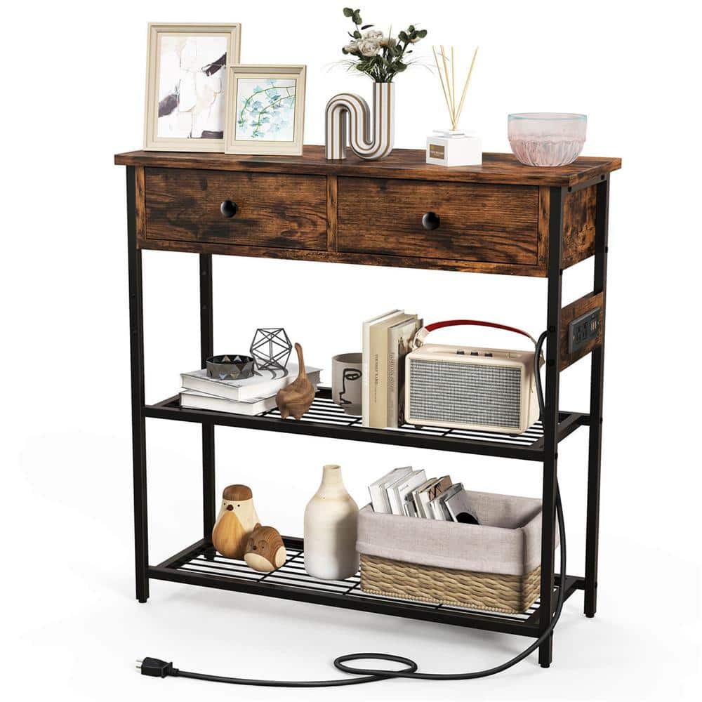 32 in. Rustic Brown Rectangle Wood Top Entryway Table End Table with 2-Drawers Charging Station Narrow Console Table - thumbnail 4