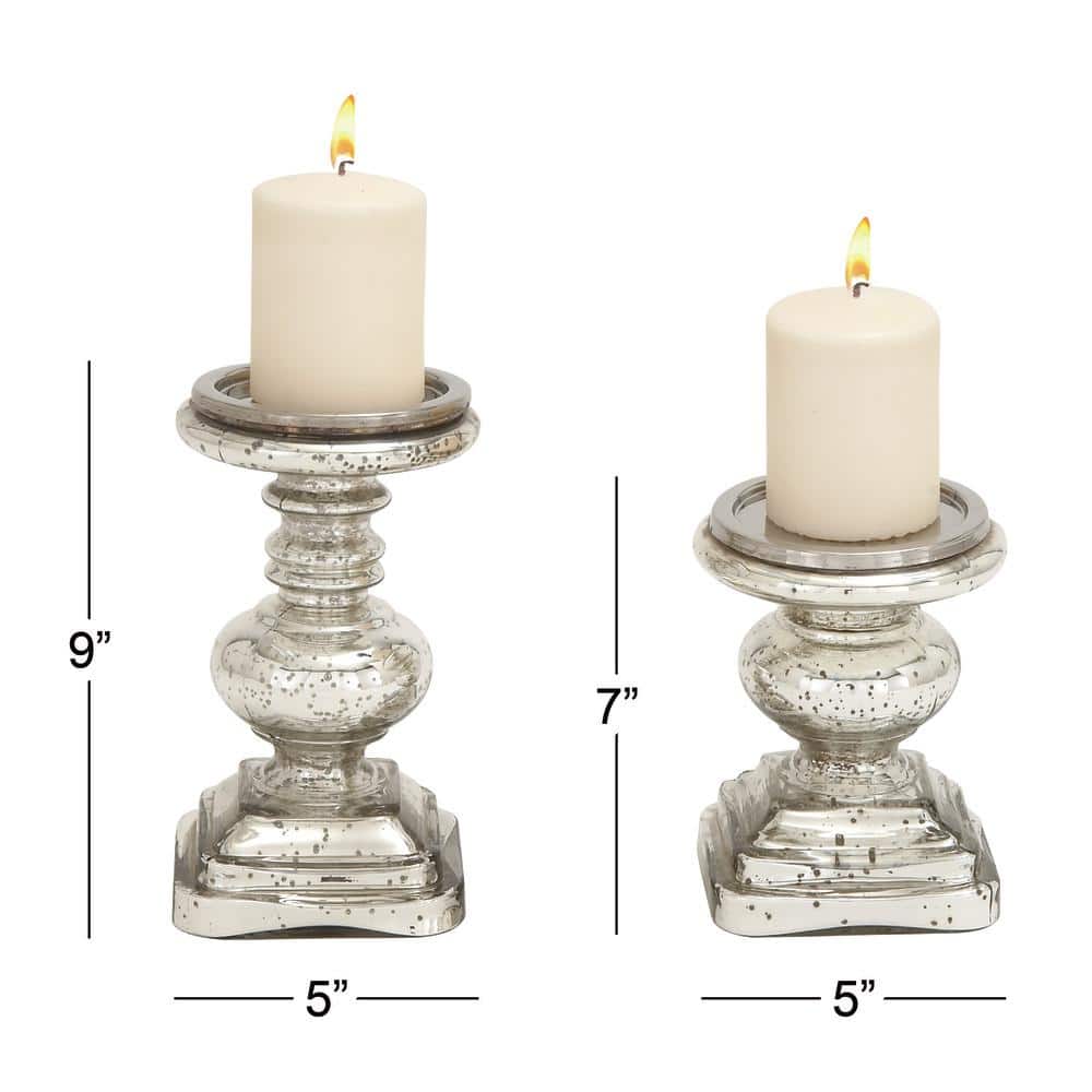 Elegant Silver Mercury Glass Pillar Candle Holder Set, 9" & 7"H