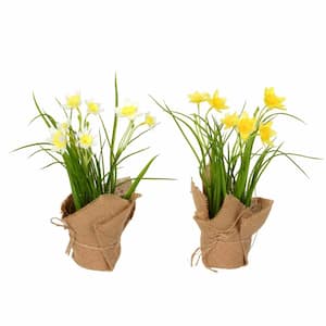 10 in Yellow Artificial Daffodil Amaryllis Floral Arrangement in Burlap Pot
