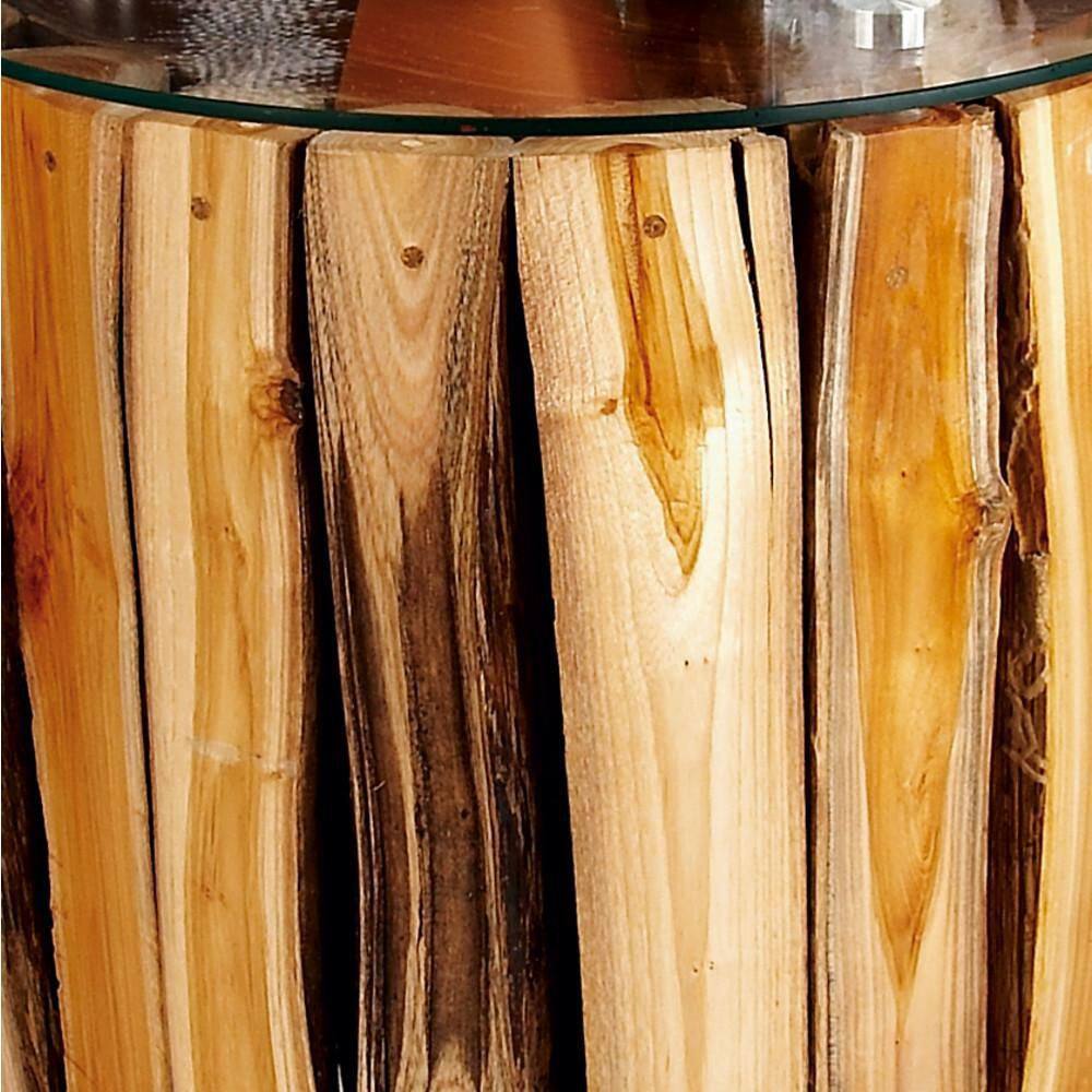 Rustic Brown Teak Wood Round Accent Table with Glass Top