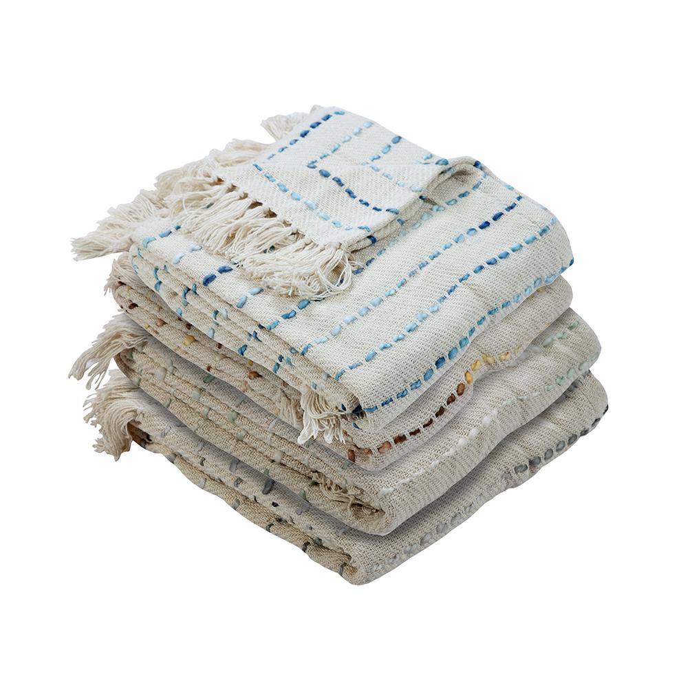 Gray and Cream Hand-Woven Cotton Blend Throw Blanket with Fringe