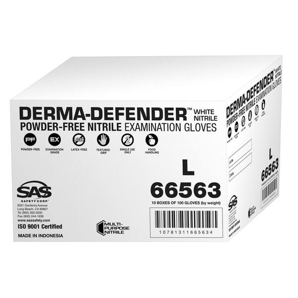 BOX OF 100 DERMA-DEFENDER POWDER FREE WHITE NITRILE GLOVES 