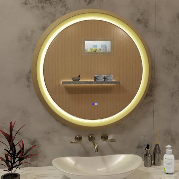 Fab Glass and Mirror 24 in. x 24 in. Modern Round Gold Framed Decorative LED Mirror Wall Mounted Anti-Fog and Dimmer Touch Sensor
