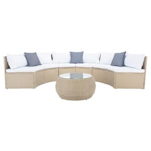 Jesvita Beige Wicker Outdoor Patio Sectional with White Cushions and Navy Pillows