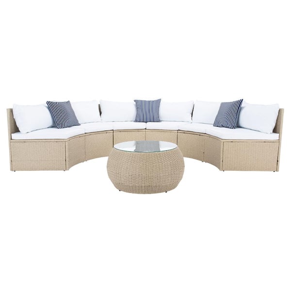 SAFAVIEH Jesvita Beige Wicker Outdoor Patio Sectional with White Cushions and Navy Pillows