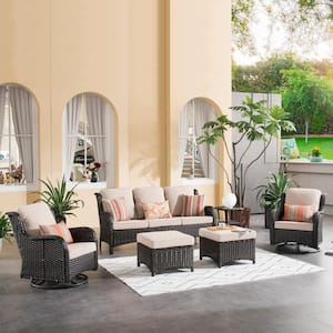 Maroon Lake Brown 6-Piece Wicker Patio Conversation Seating Sofa Set with Beige Cushions and Swivel Rocking Chairs