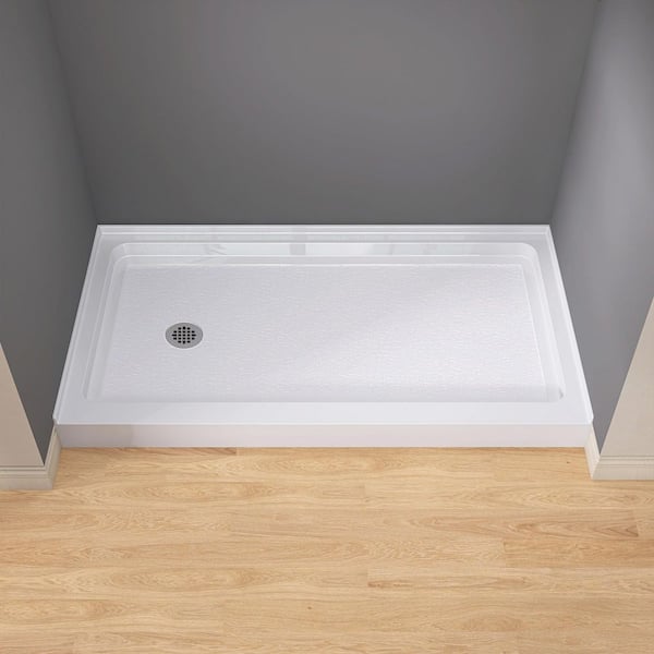 NTQ 60 in. x 32 in. Acrylic Single Threshold Shower Pan Alcove Floor Rectangular Shower Pan Base with Left Drain in White