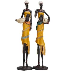 Yellow Polystone Handmade African Woman People Sculpture with Water Jugs and Jeweled Details (Set of 2)