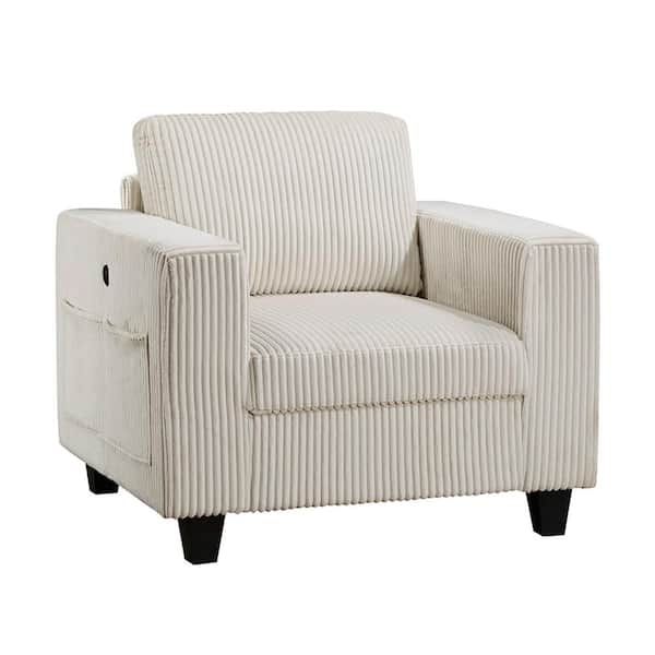 Kieran Beige Corduroy Fabric Upholstery Arm Chair with Storage Pouches and Charging