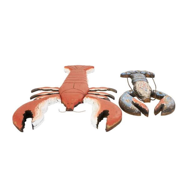 Litton Lane Red Wood Handmade Distressed Lobster Sculpture with Blue and White Accents (Set of 2)