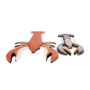 Red Wood Handmade Distressed Lobster Sculpture with Blue and White Accents (Set of 2)