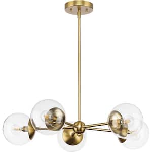 Atwell Collection 28 in. 5-Light Brushed Bronze Mid-Century Modern Chandelier with Clear Glass Shade