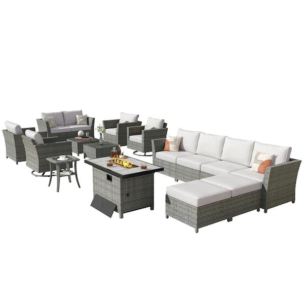 Bexley Gray 16-Piece Wicker Rectangle Fire Pit Patio Conversation Set with Bold-stripe Beige Cushions and Swivel Chairs
