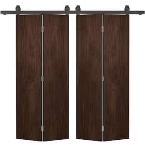 72 in. x 80 in. Walnut Stained MDF Composite Hollow Core Double Bi-Fold Barn Door with Sliding Hardware Kit