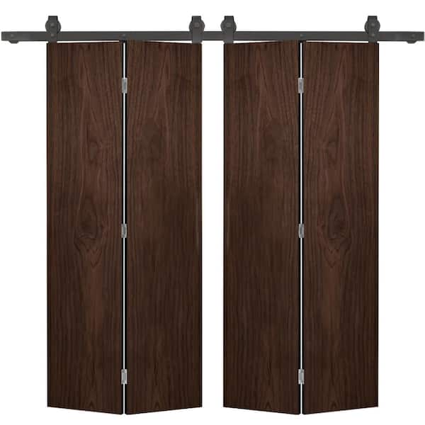 CALHOME 72 in. x 80 in. Walnut Stained MDF Composite Hollow Core Double Bi-Fold Barn Door with Sliding Hardware Kit