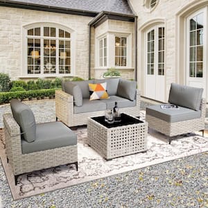 Supery Gray 5-Piece Wicker Patio Conversation Seating Set with Dark Gray Cushions and Coffee Table