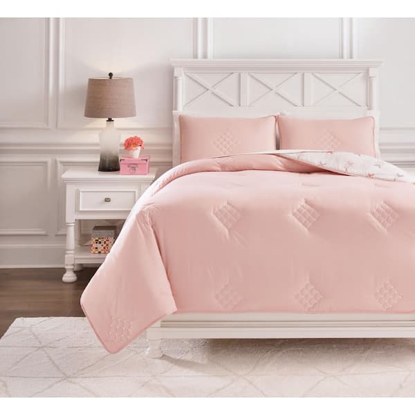 Lexann Pink 3 Pieces Solid Color Polyester Full Comforter Set