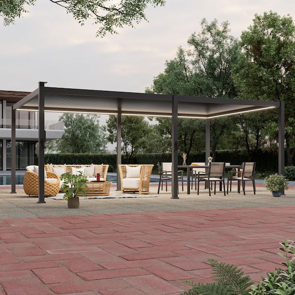 12 ft. x 20 ft. Charcoal Gray LED Modern Metal Louvered Pergola with Shade Control and Adjustable Louvers for Patio