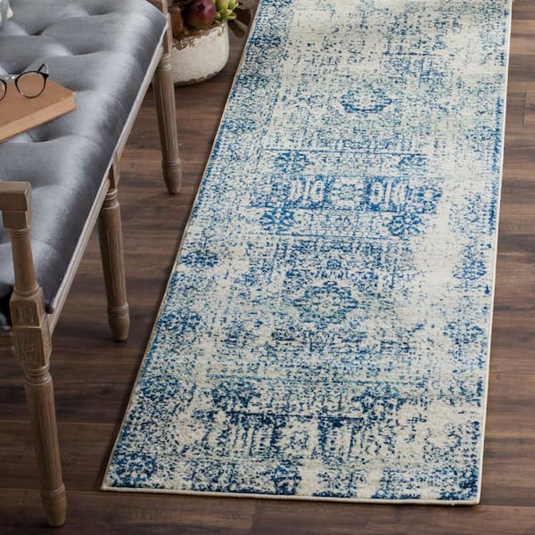 Evoke Ivory/Blue 2 ft. x 13 ft. Distressed Medallion Runner Rug
