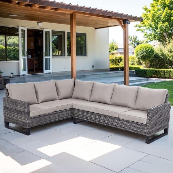 Gymojoy Valenta 3-Piece Gray Wicker Patio Conversation Set 6-Seater Outdoor Sectional Sofa Set with Gray Cushions