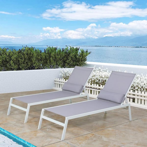 Light Grey Metal Outdoor Chaise Lounge Adjustable Patio Reclining ...