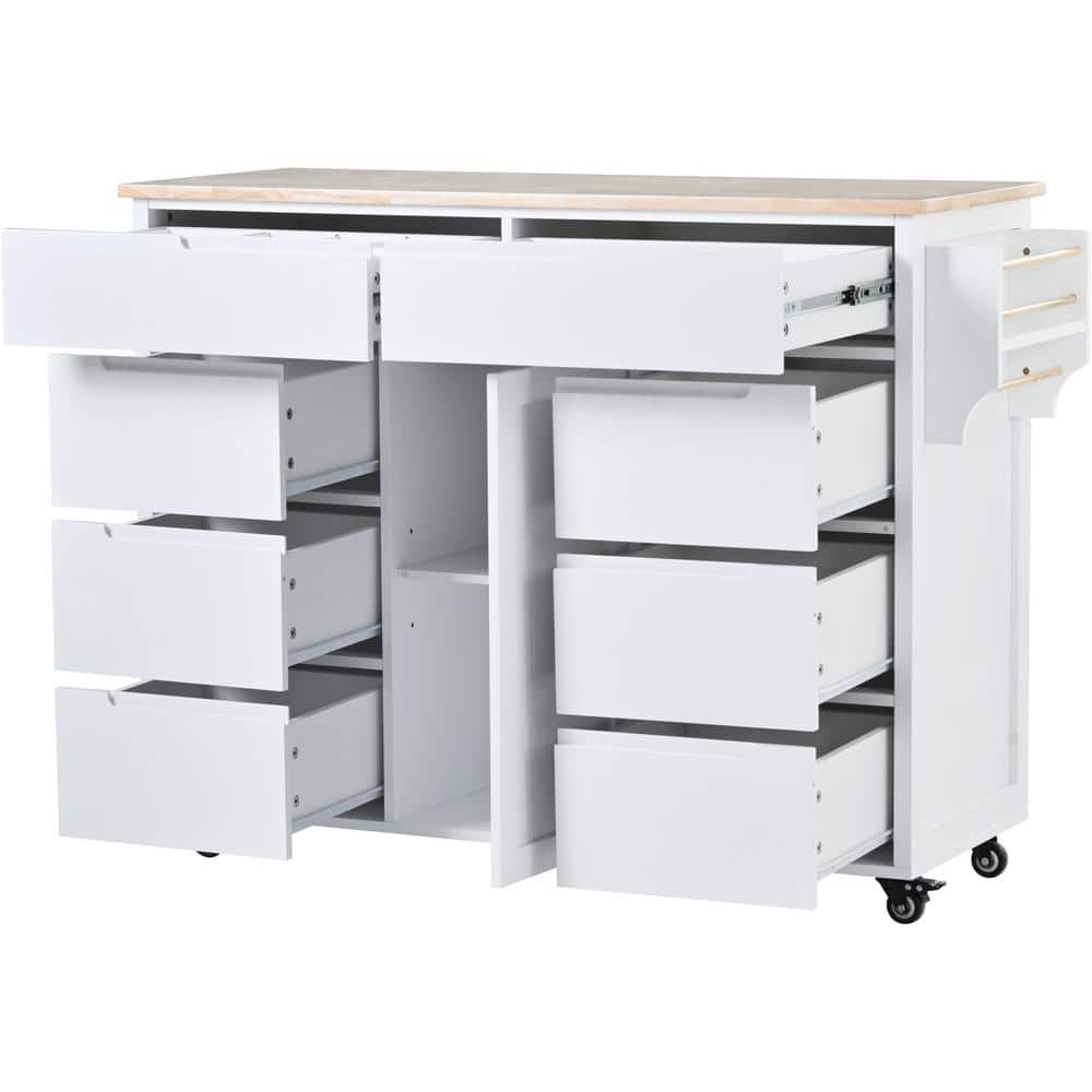 White Rubber Wood Countertop 53.1 in. W Kitchen Island on 5-Wheels with 8-H