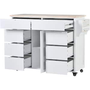 White Rubber Wood Countertop 53.1 in. W Kitchen Island on 5-Wheels with 8-Handle-Free Drawers and Flatware Organizer