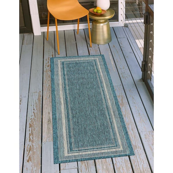 Outdoor Soft Border Teal 2' 0 x 6' 0 Runner Rug