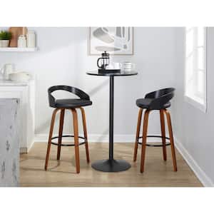 Grotto 29.5 in. Black Faux Leather, Walnut and Black Wood and Black Metal Fixed-Height Bar Stool (Set of 2)