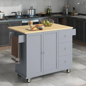Gray Blue Drop Leaf Rubberwood Countertop 53 in. Kitchen Island with Adjustable Shelves